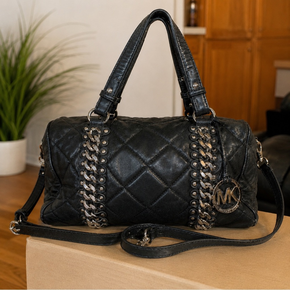 Michael Kors Black Quilted Leather Shoulder Satchel with Chain Trim